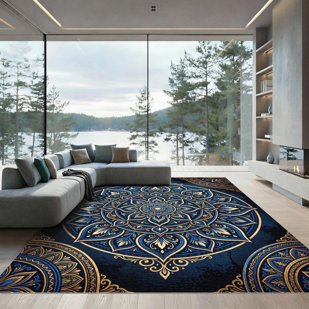 Navy Golden Medallion Mandala Rug