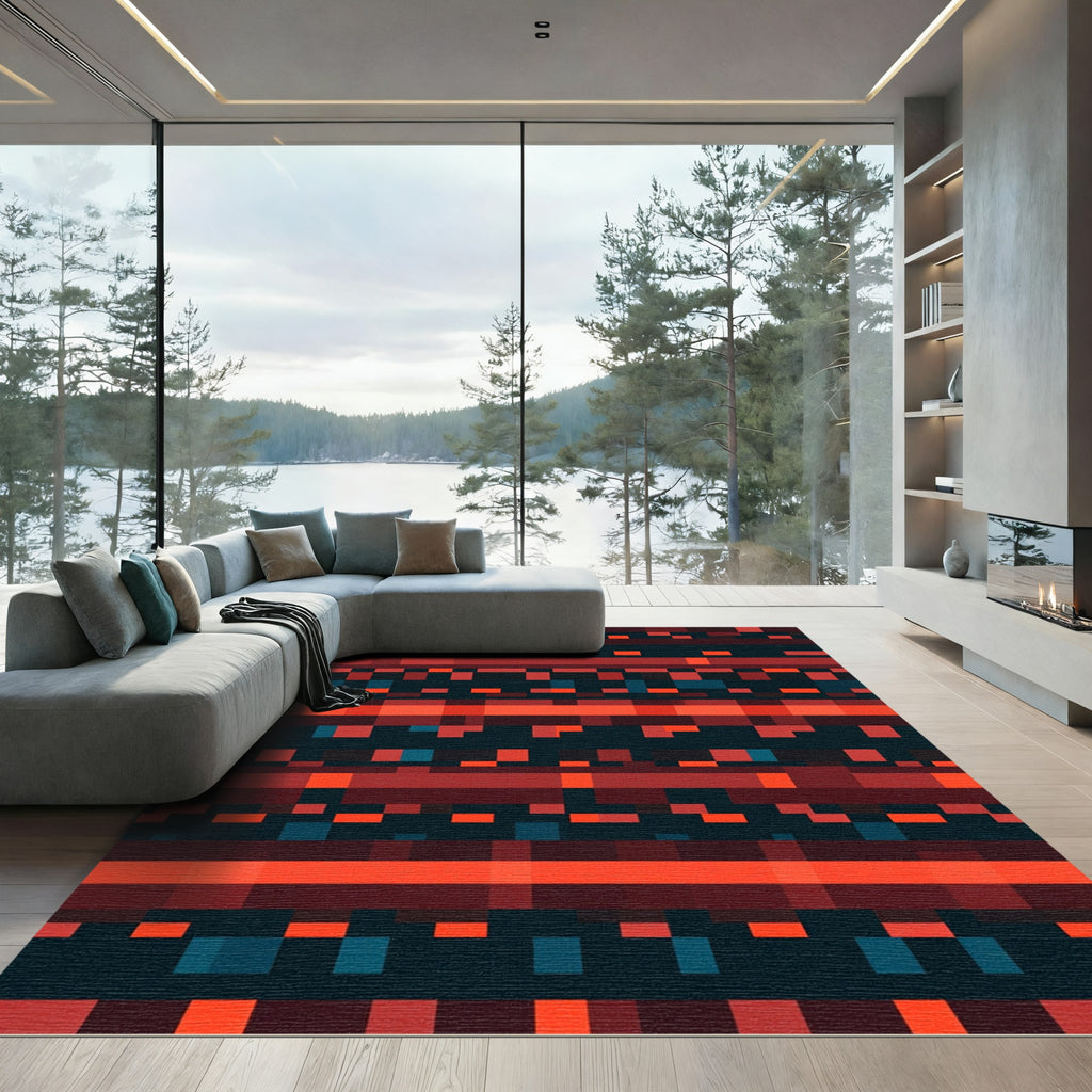 Modern Red Black Pixelated Grid Rug