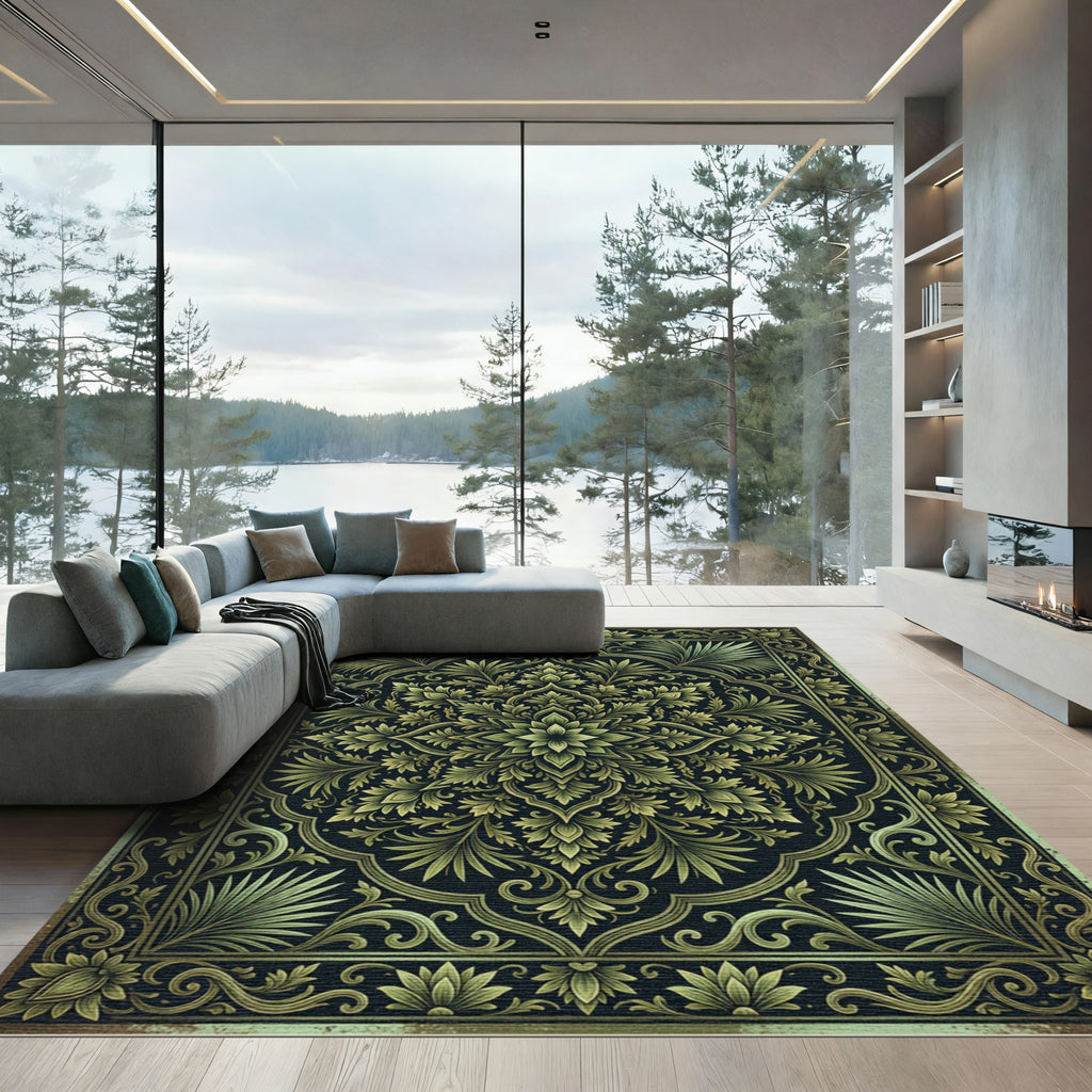 Ornate Gold Green Floral Medallion Rug