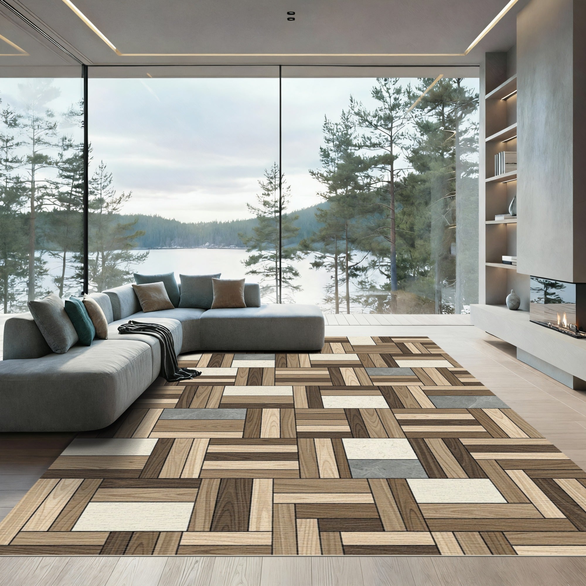 Modern Interlocking Wood Plank Mosaic Rug