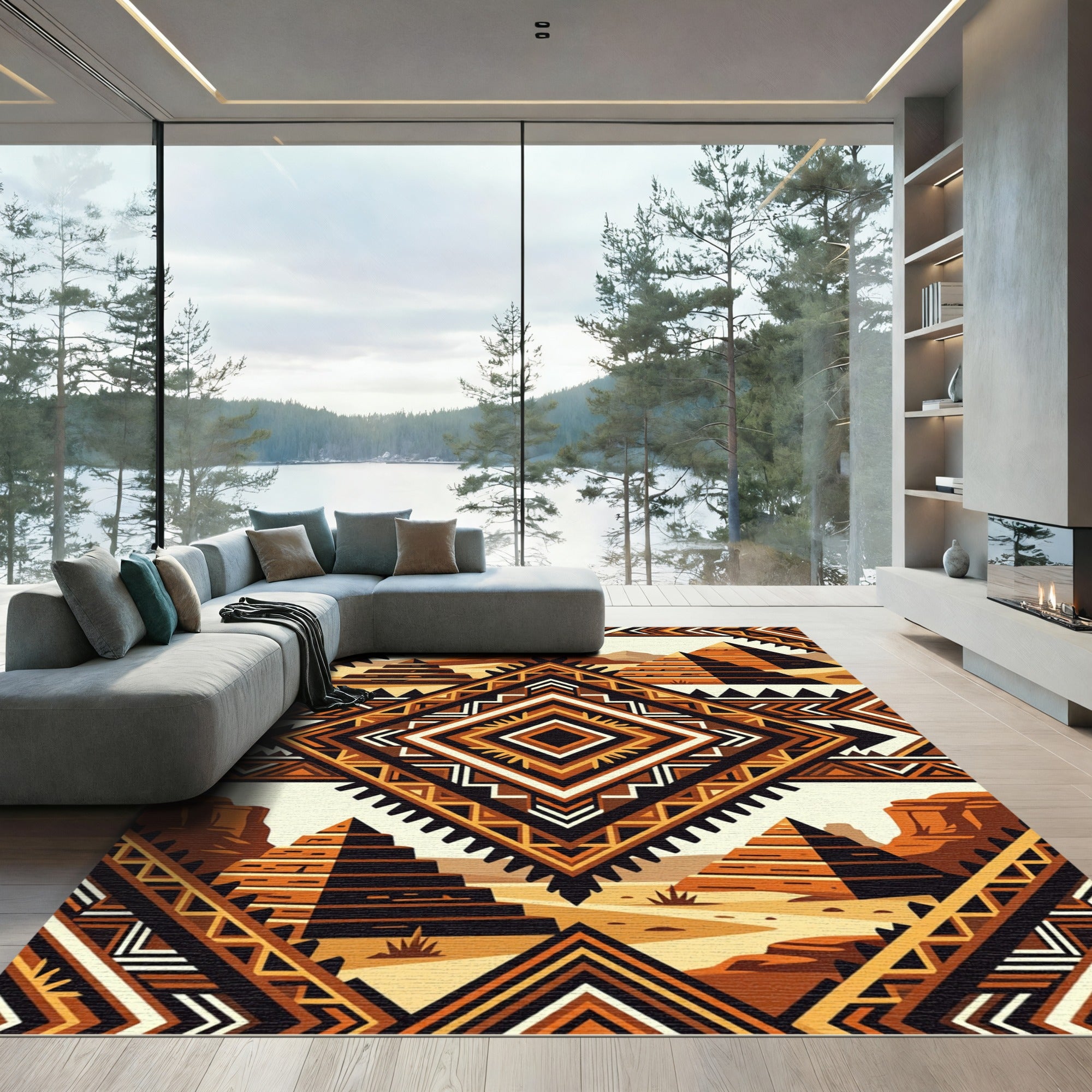 Geometric Earth Tone Aztec Pyramid Rug
