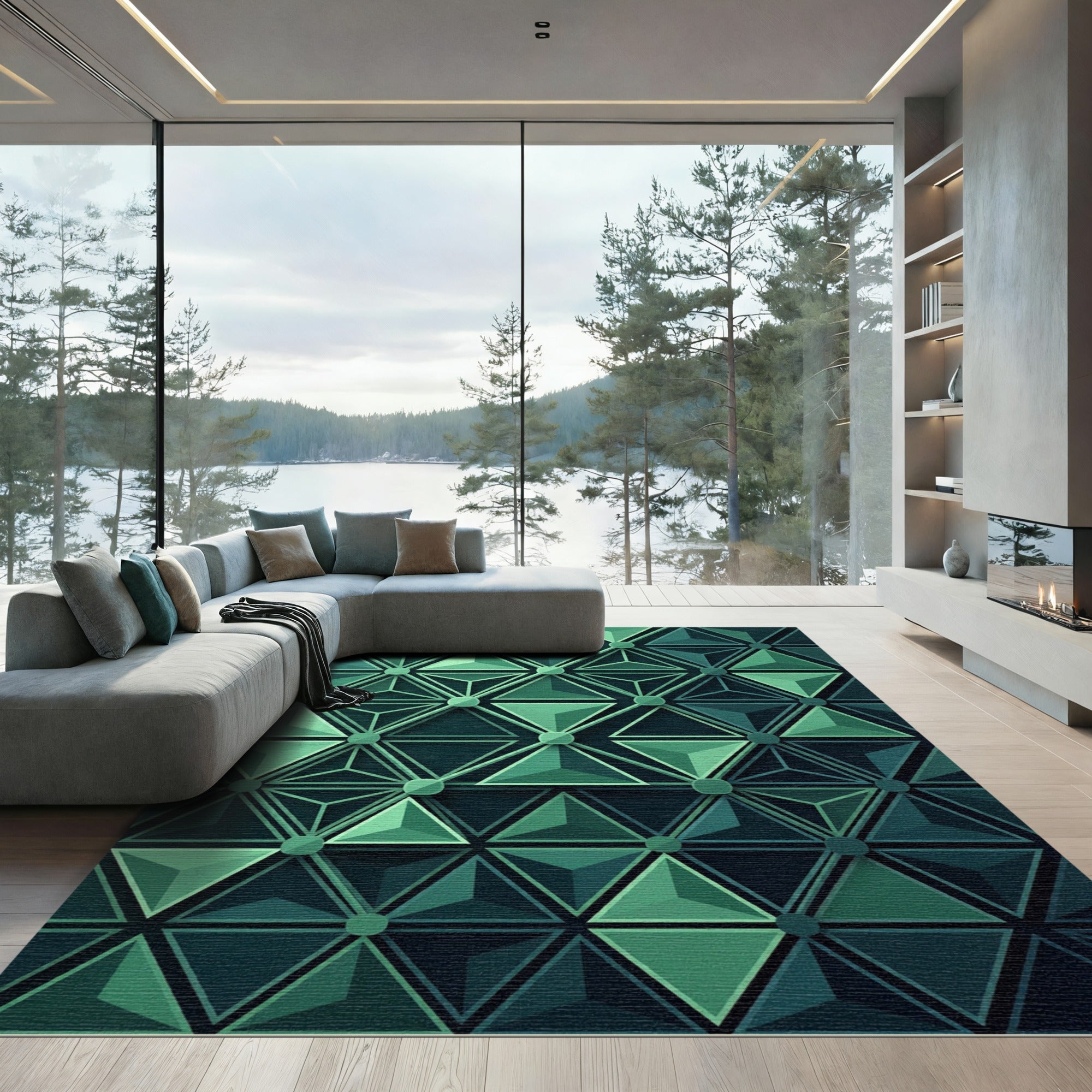 Modern Emerald Geometric Triangle Facet Rug