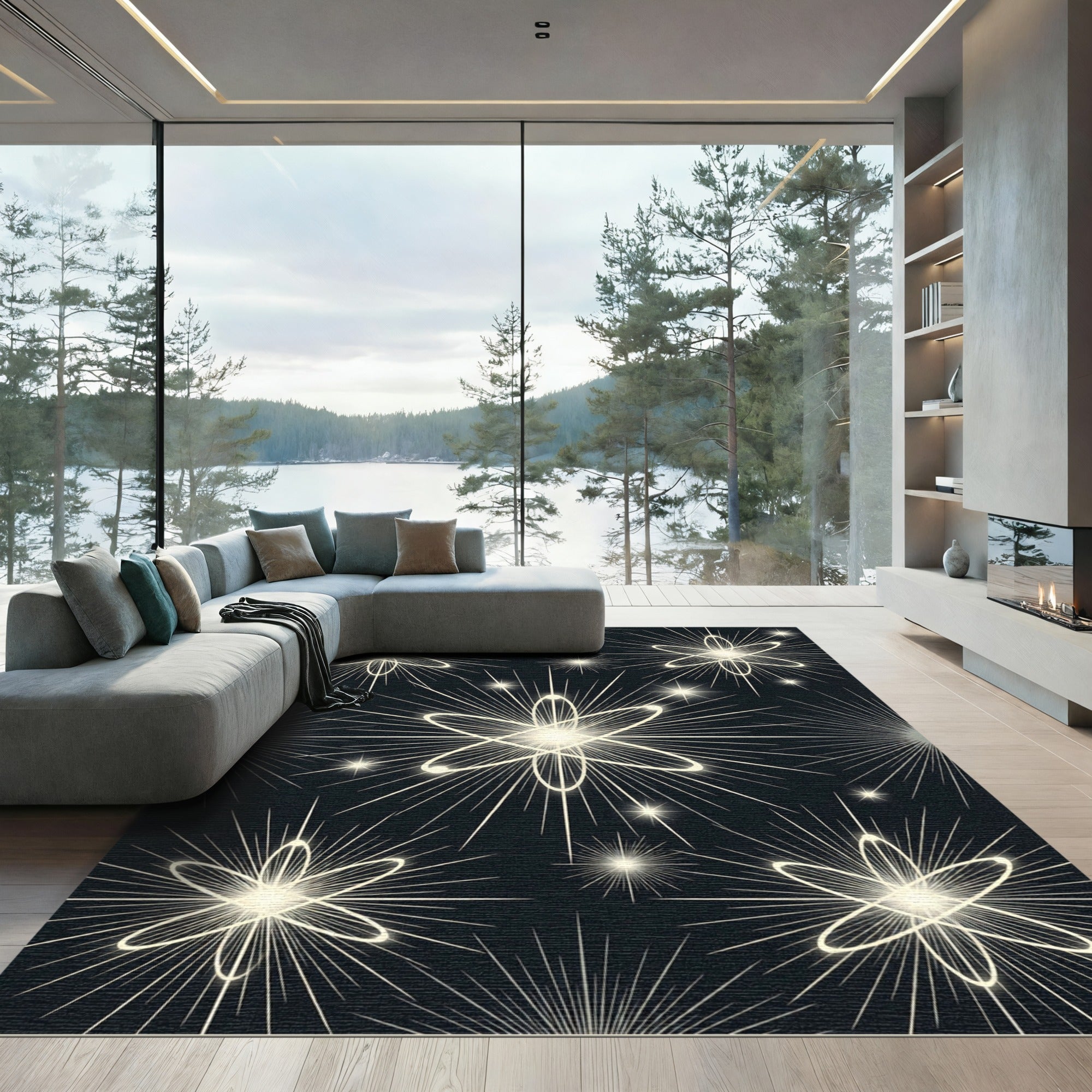 Shimmering Atomic Starburst Black Radiance Rug