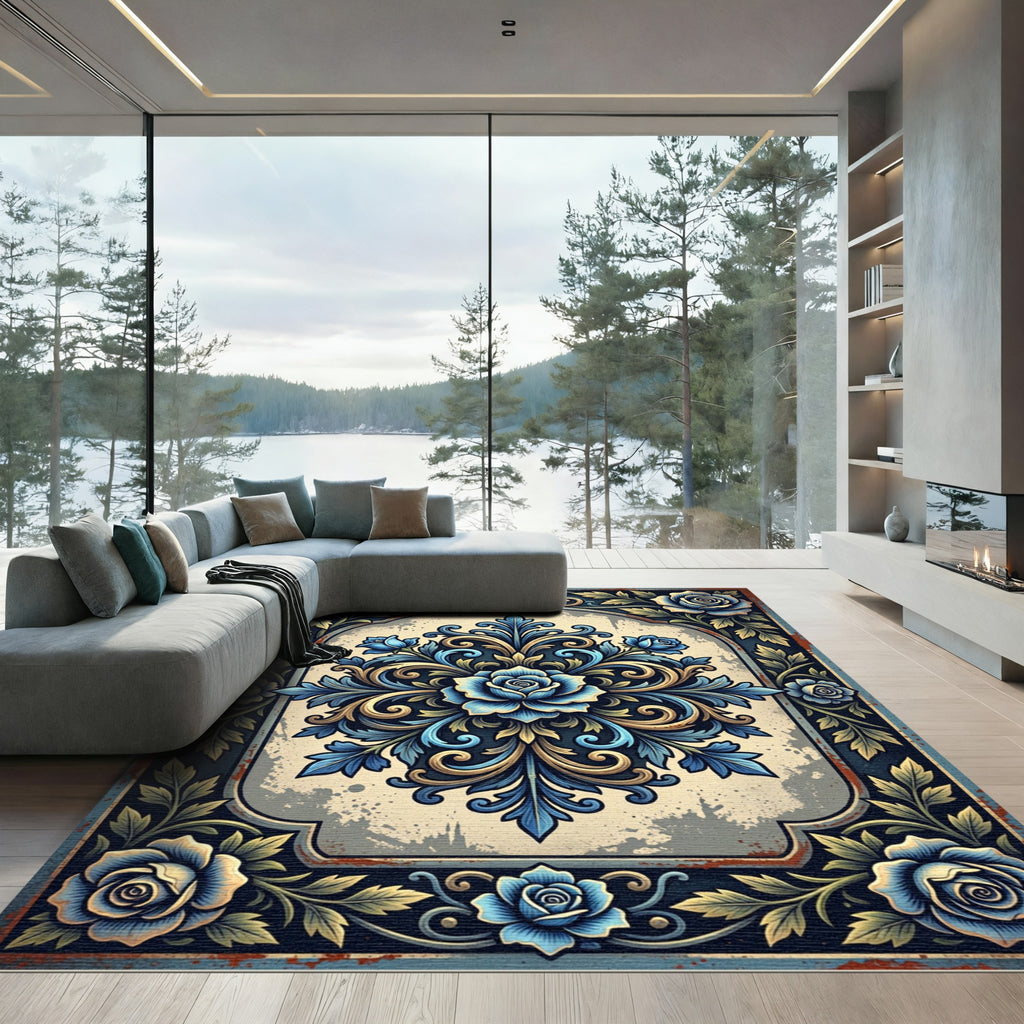 Ornate Blue Rose Medallion Filigree Rug