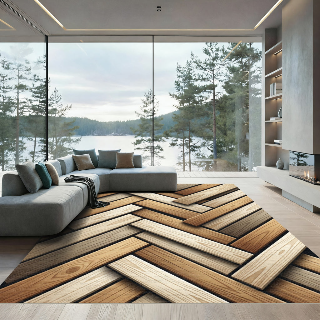 Neutral Wood Grain Herringbone Plank Rug
