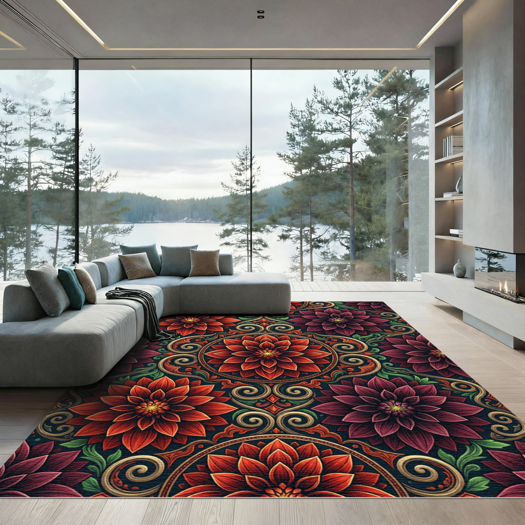Crimson Burgundy Floral Medallion Arrangement Rug
