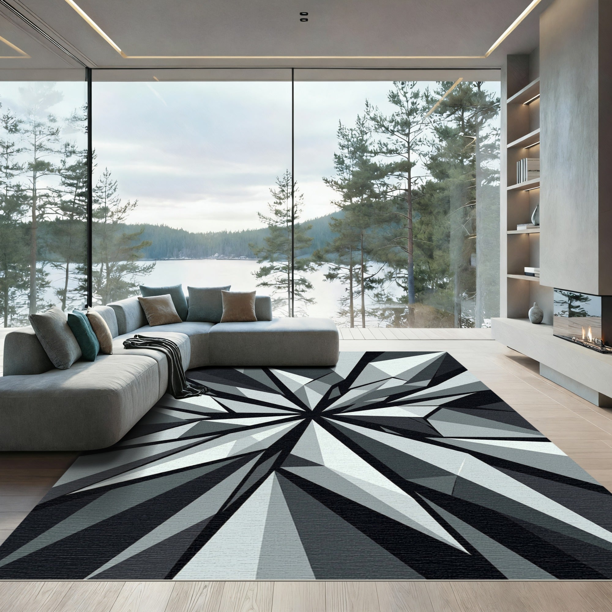 Monochrome Shattered Glass Geometric Area Rug