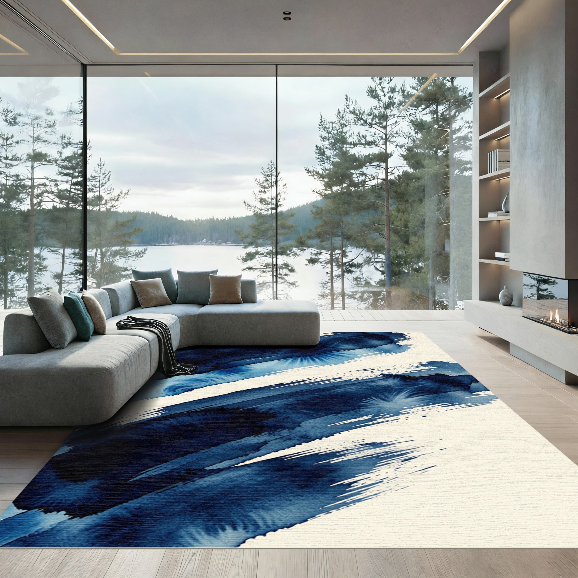 Midnight Indigo Abstract Watercolor Brushstrokes Rug