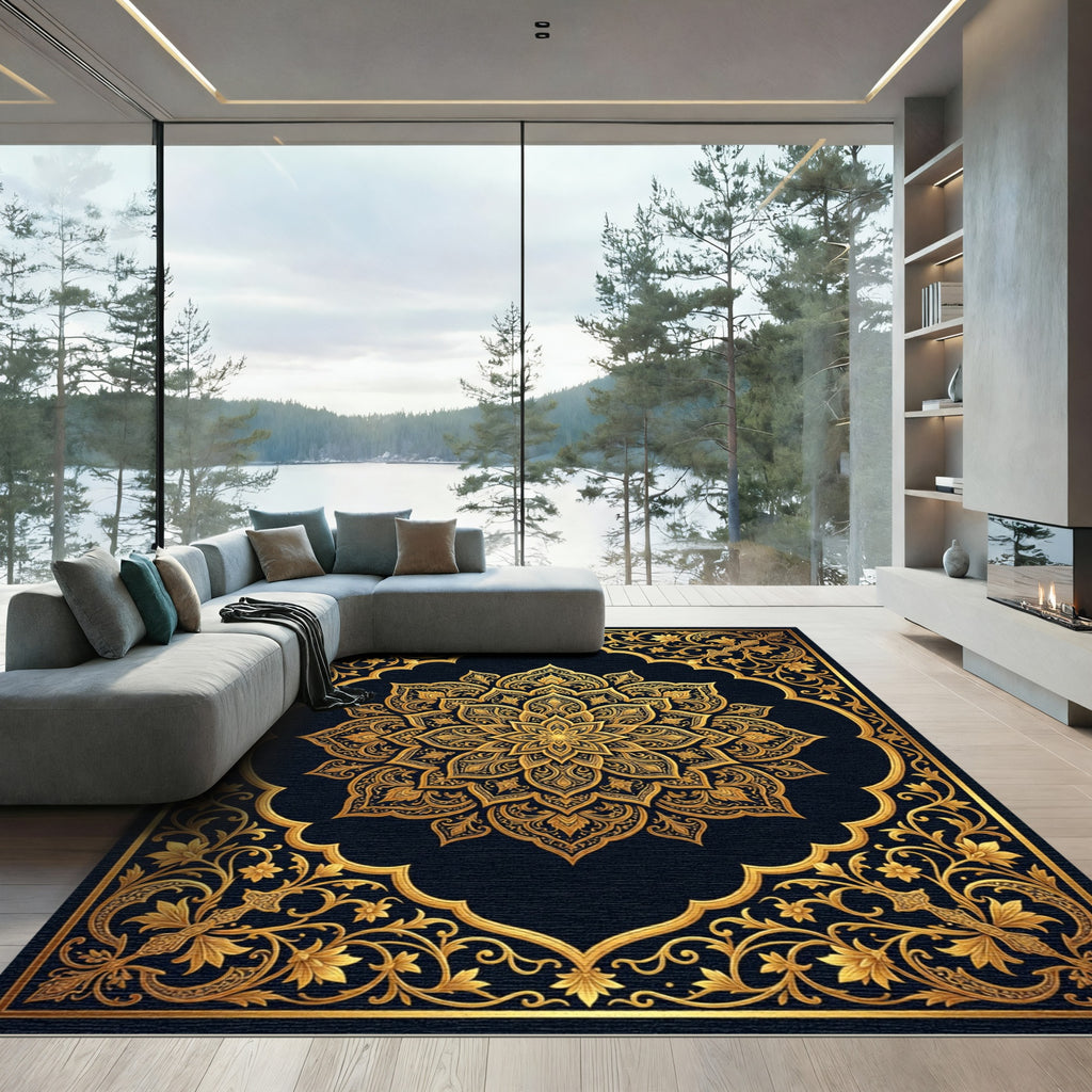 Luxurious Gold Black Ornate Medallion Rug