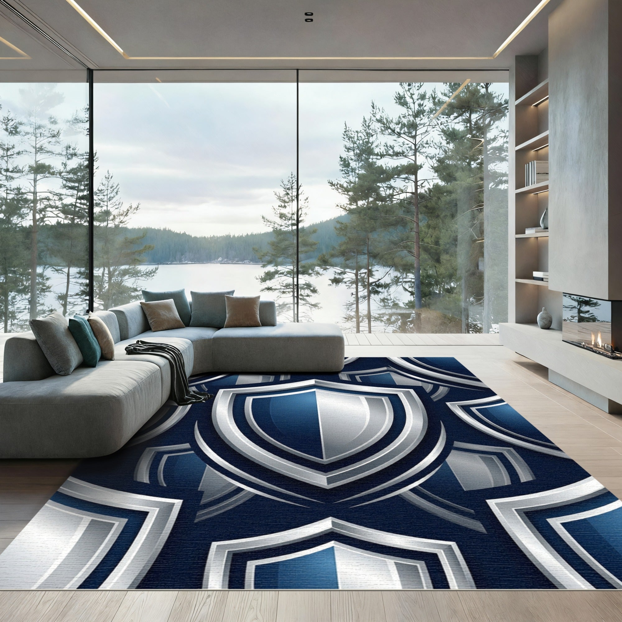 Metallic Silver Shield Geometric Navy Backdrop Rug