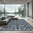 Classic Navy Blue Flourish Scroll Tile Rug
