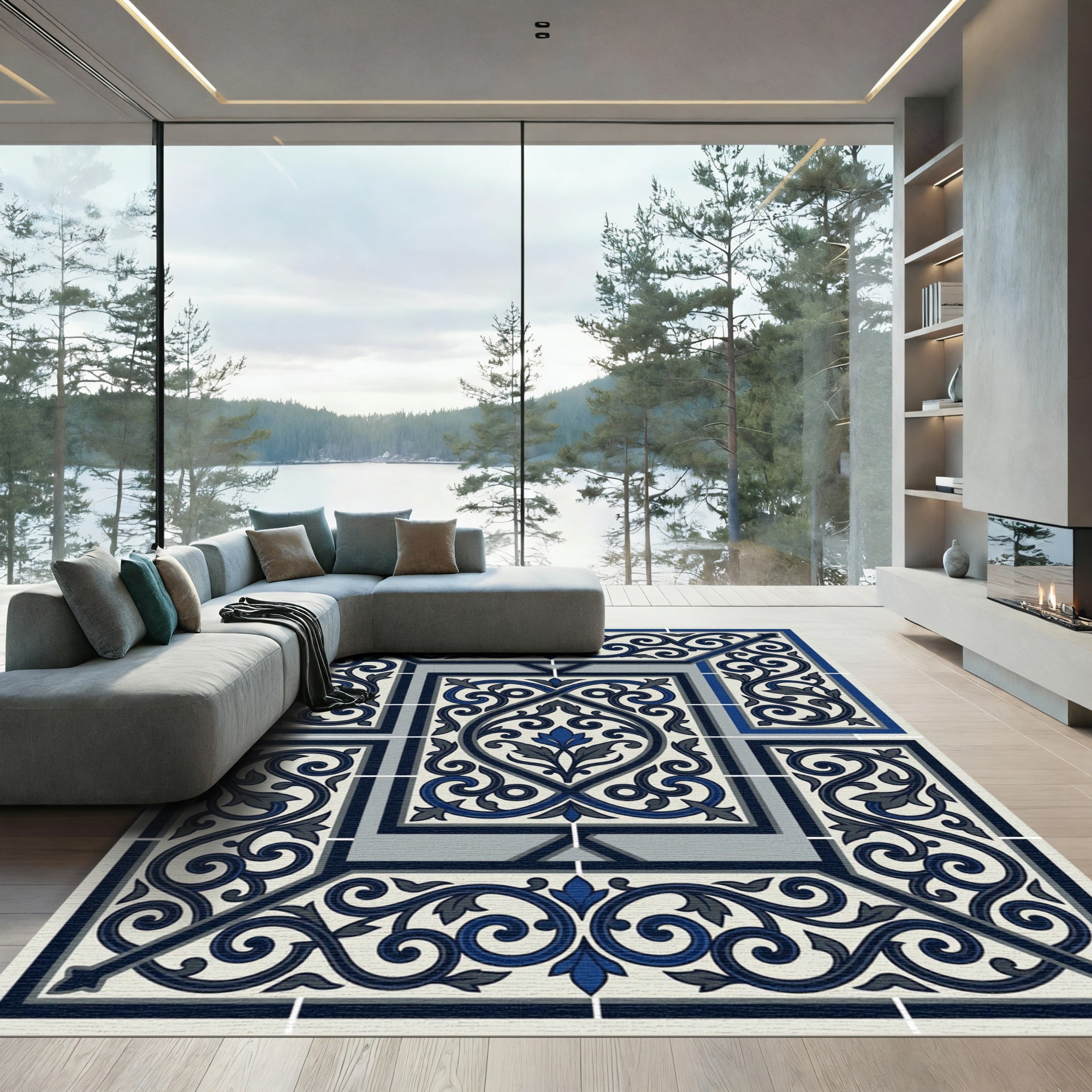 Classic Navy Blue Flourish Scroll Tile Rug