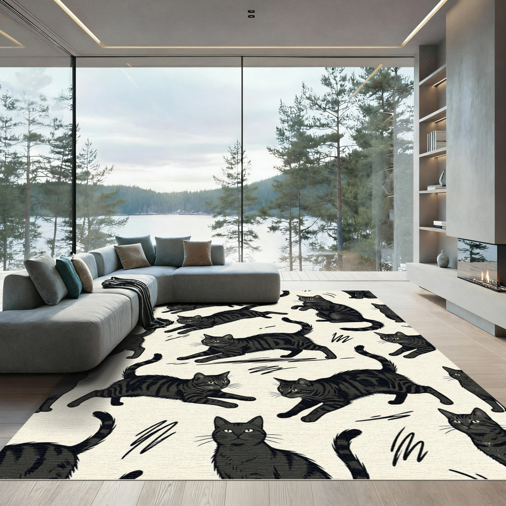Whimsical Black Tabby Cat Illustration Rug