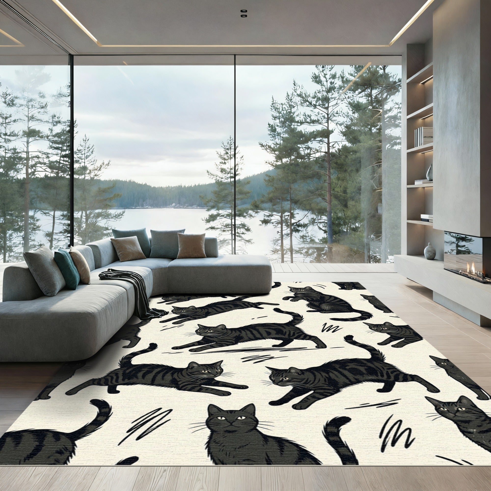 Whimsical Black Tabby Cat Illustration Rug