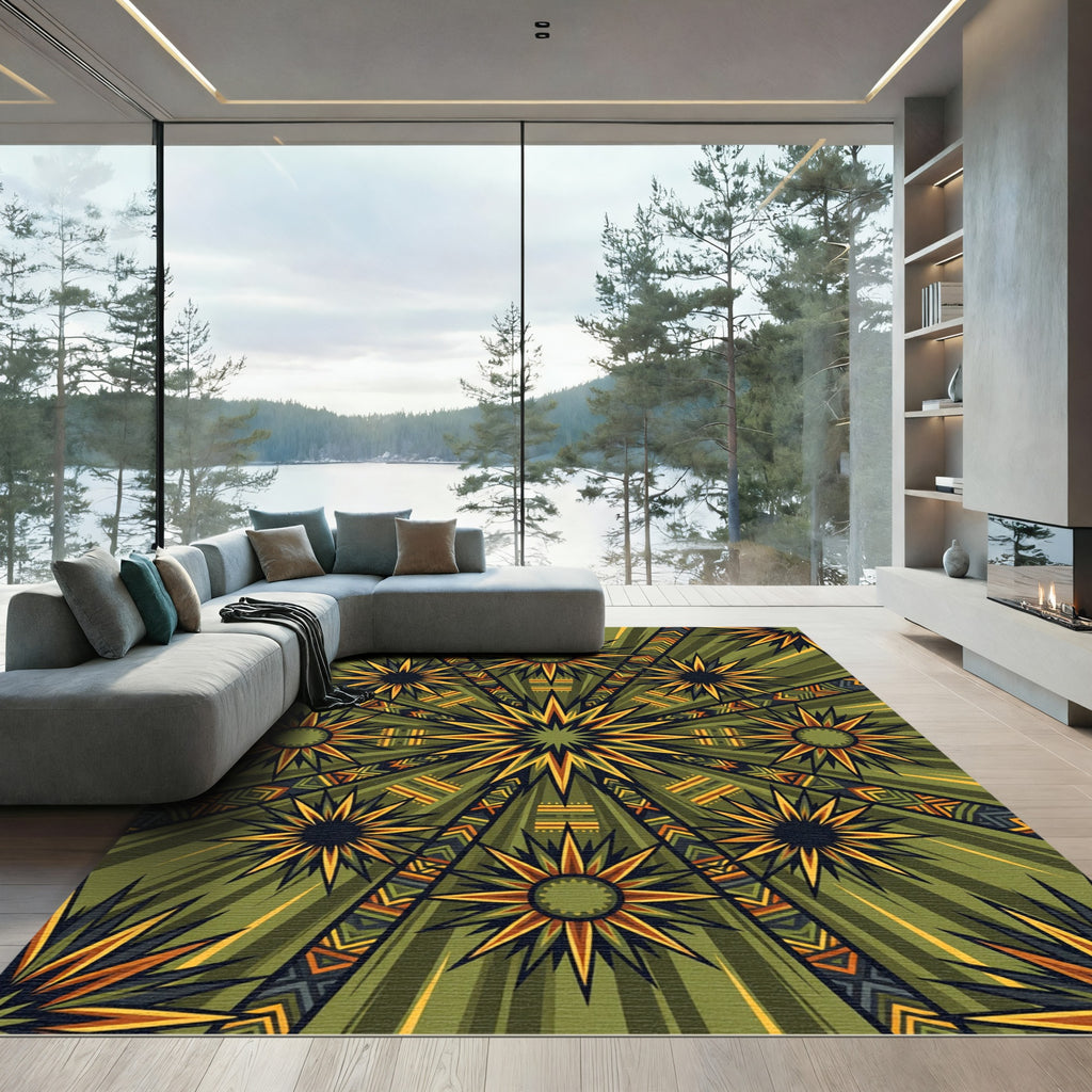 Green Sunburst Tribal Rays Rug
