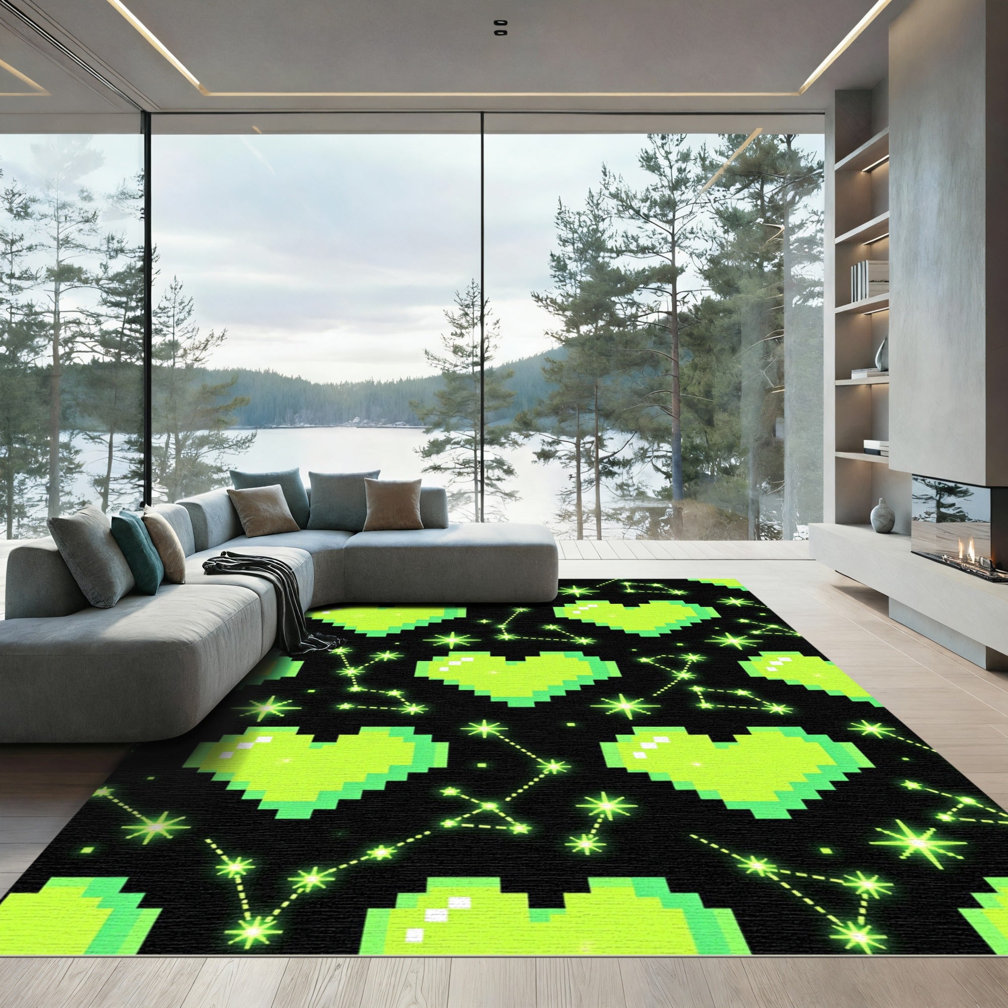 Neon Pixel Heart Celestial Constellation Rug