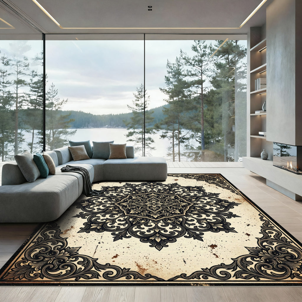 Ornate Black Cream Baroque Medallion Rug
