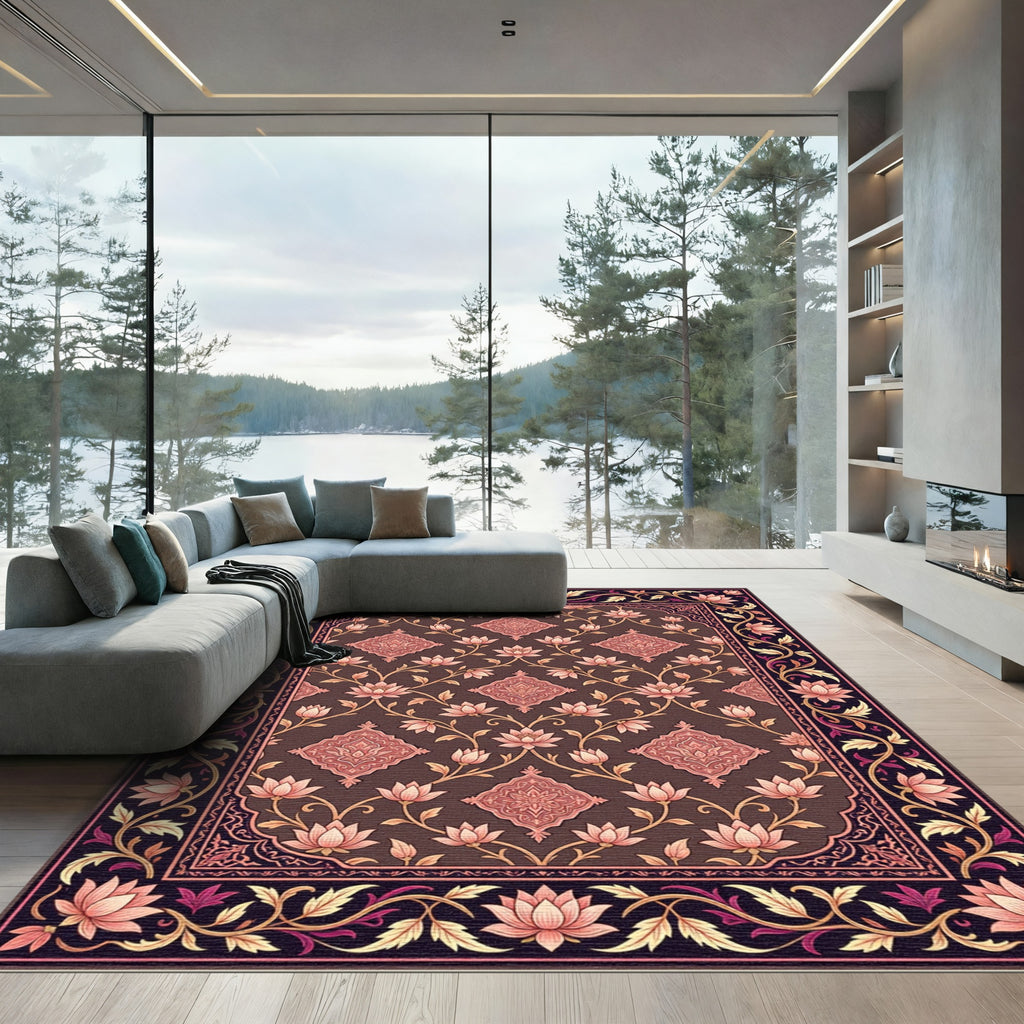 Brown Lotus Medallion Floral Accent Rug