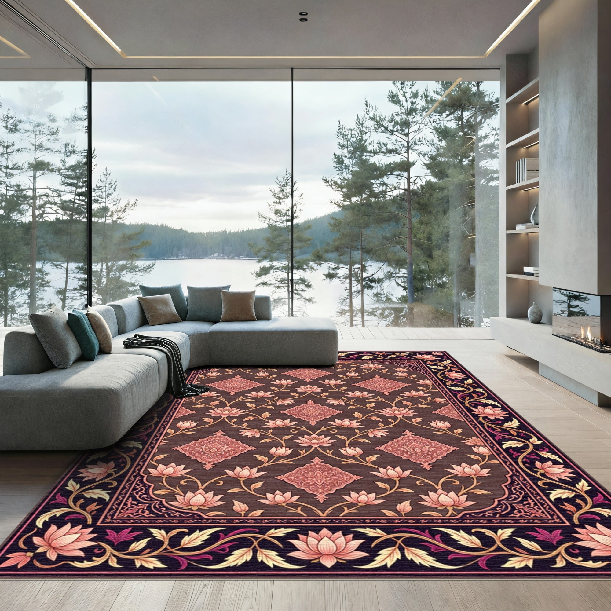 Brown Lotus Medallion Floral Accent Rug