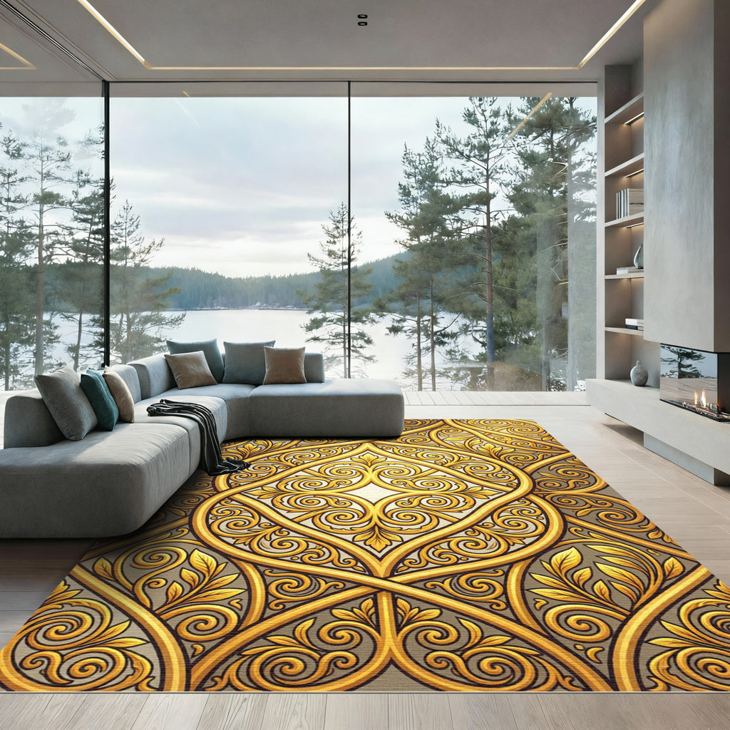 Gilded Baroque Swirls Golden Foliage Rug