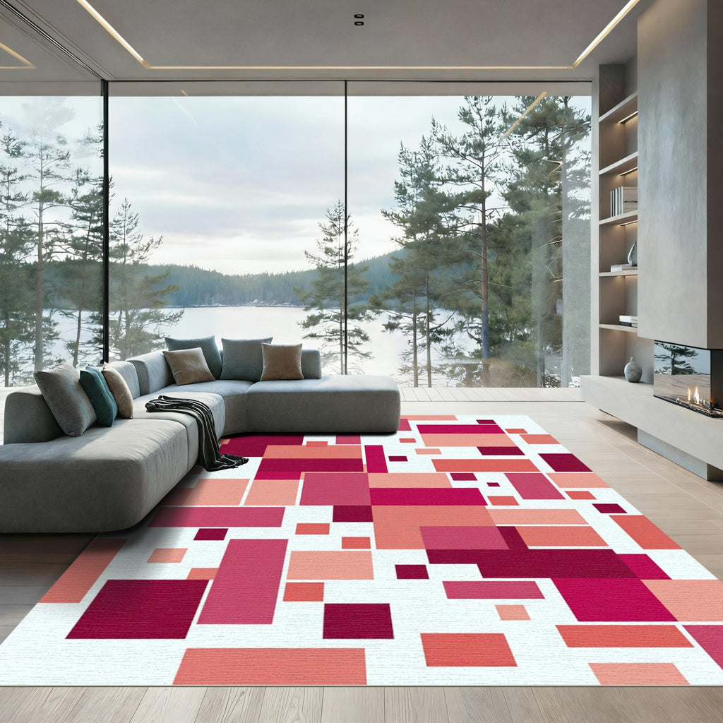 Crimson Coral Rectangles Composition Rug
