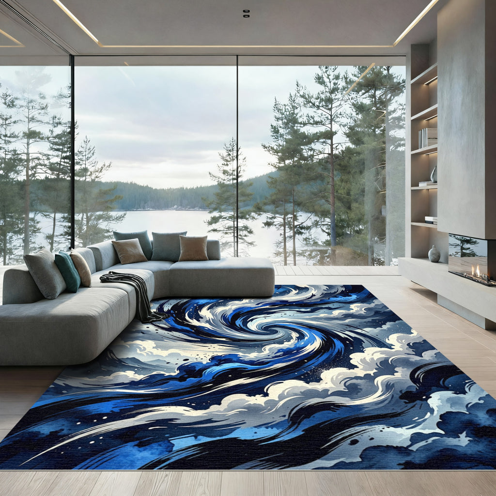 Deep Blue Swirl Watercolor Abstract Rug