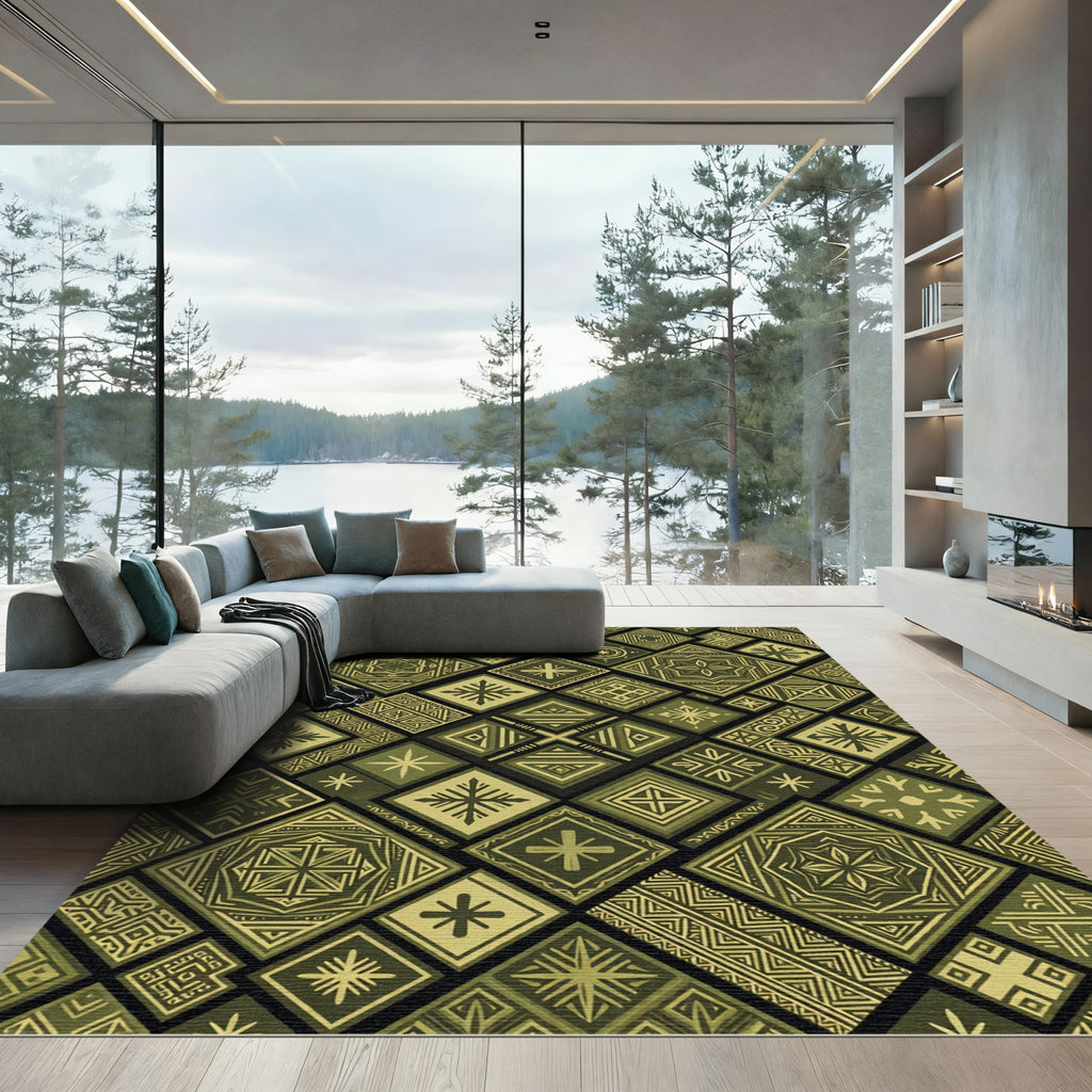 Olive Gold Geometric Tribal Square Tile Rug