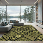 Olive Gold Geometric Tribal Square Tile Rug