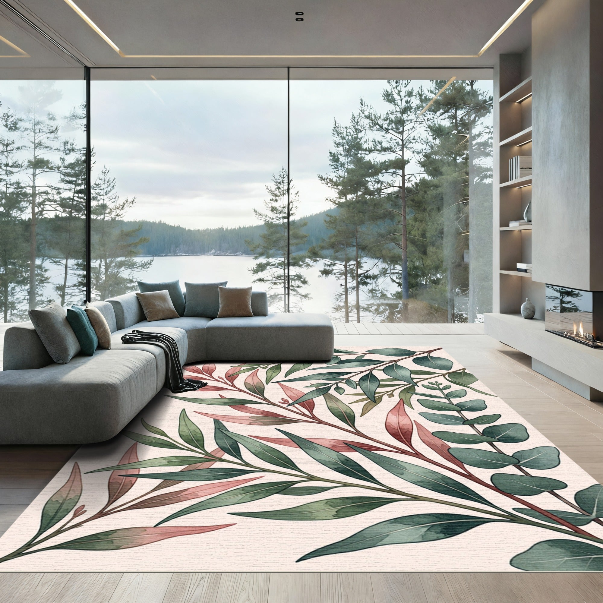 Earthy Watercolor Eucalyptus Botanical Foliage Rug