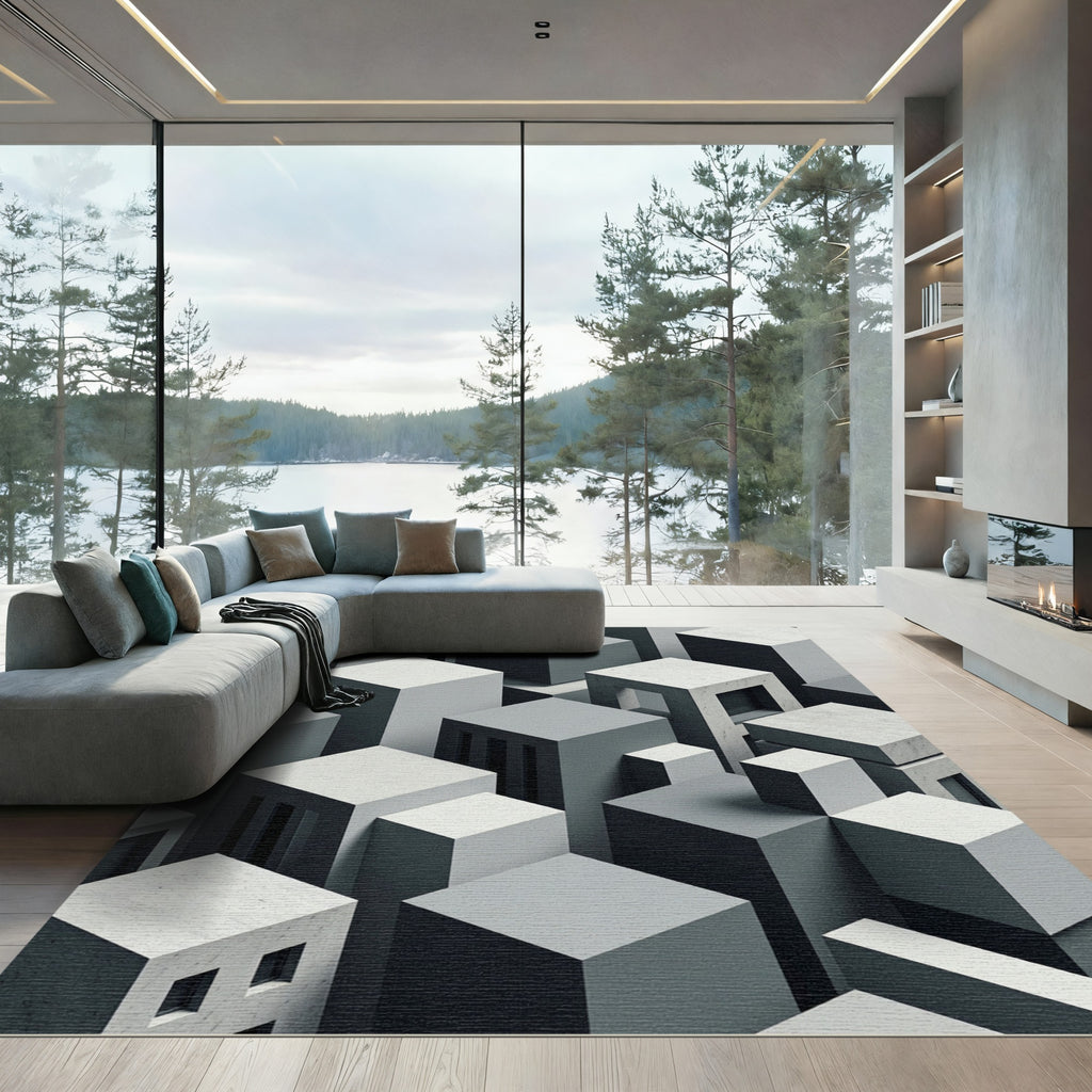 Monochrome Geometric Urban Landscape Rug