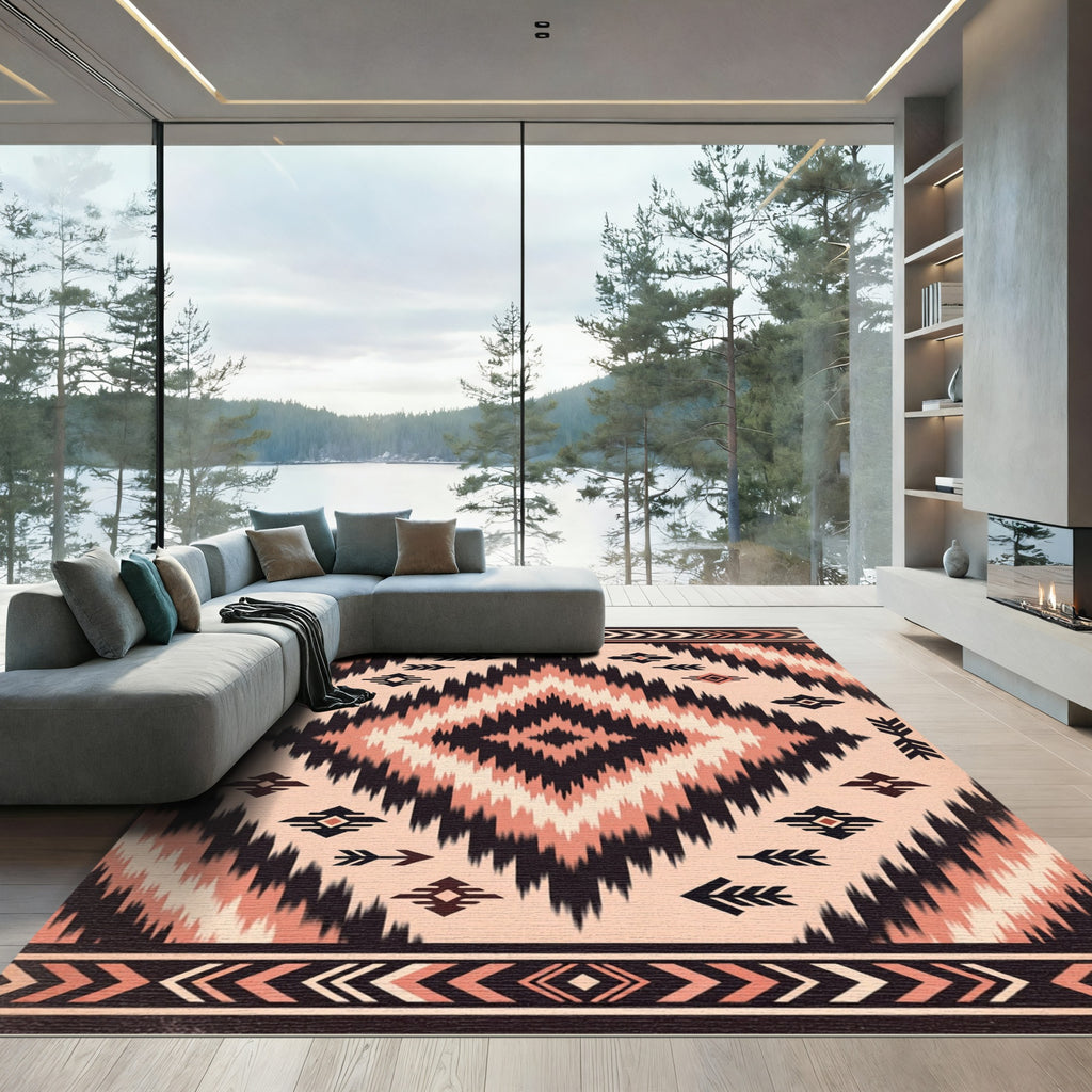 Earthy Salmon Black Tribal Diamond Rug