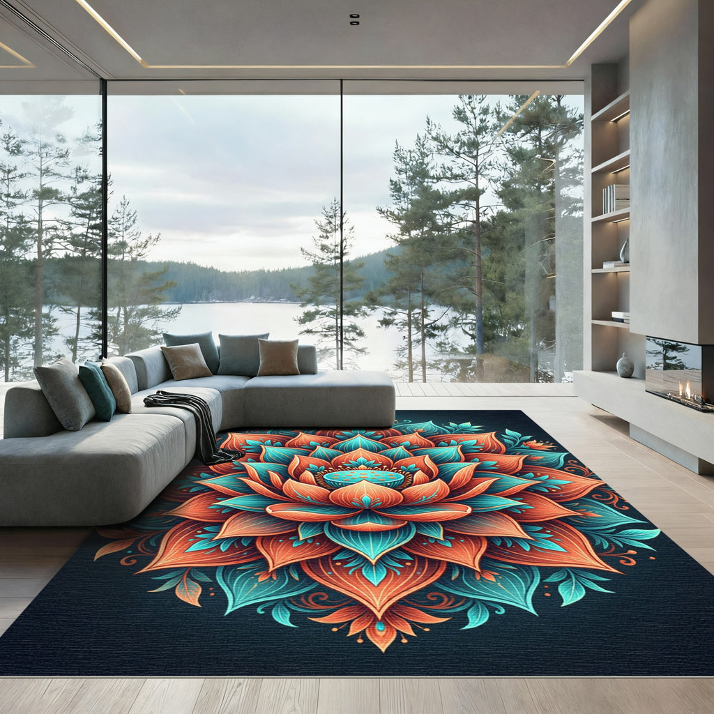 Vibrant Coral Teal Lotus Mandala Rug