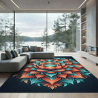 Vibrant Coral Teal Lotus Mandala Rug