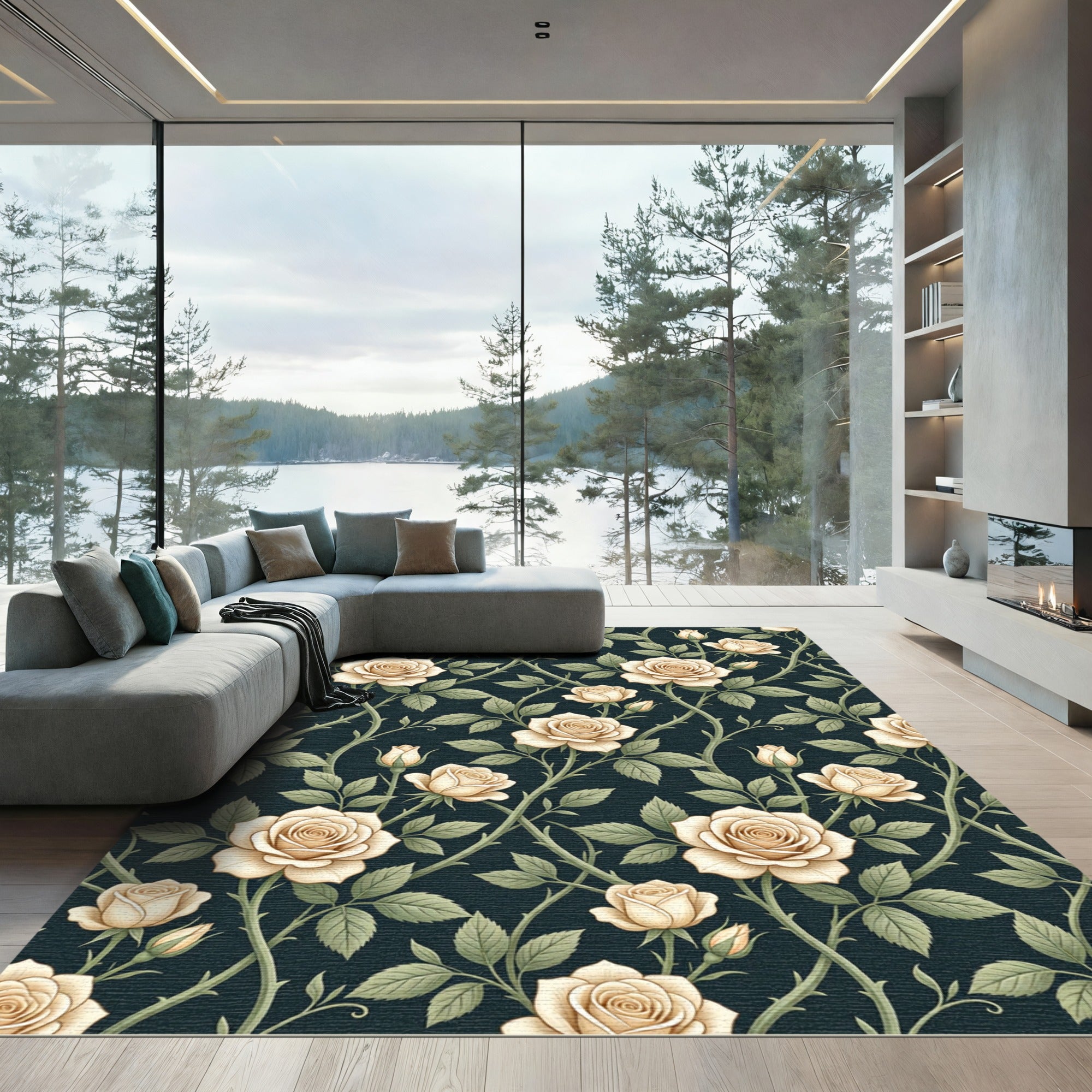 Elegant Cream Rose Floral Botanical Rug