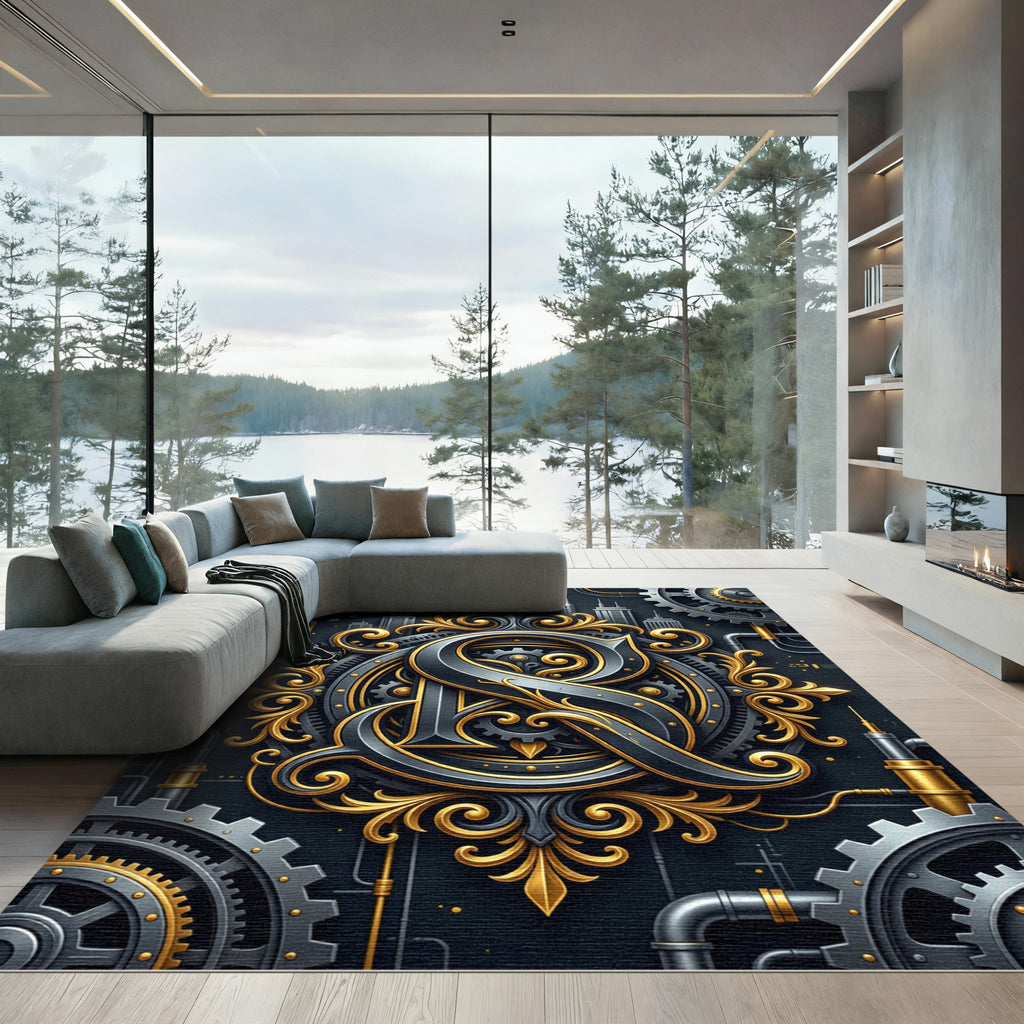 Steampunk Gold and Black Industrial Ornament Rug