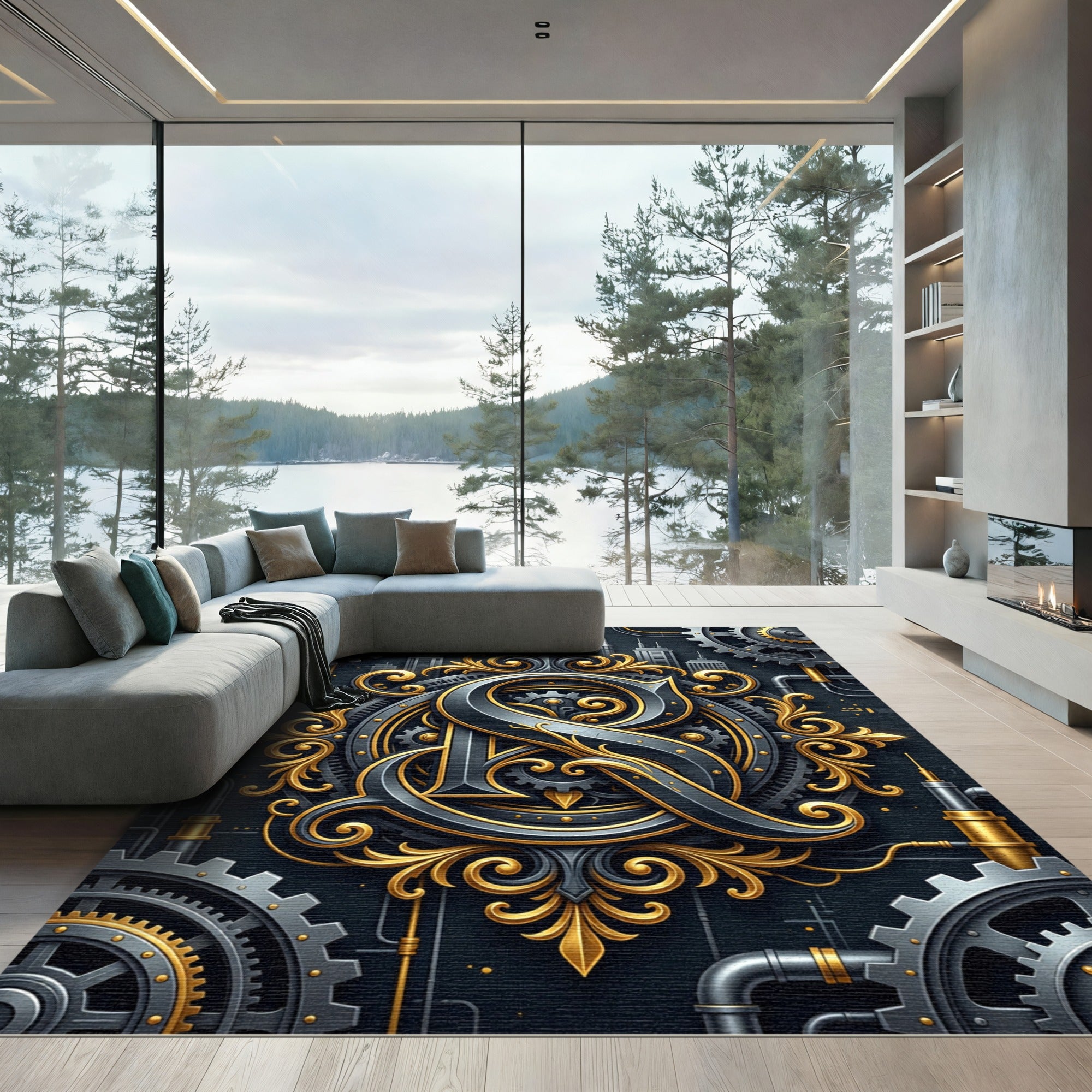 Steampunk Gold and Black Industrial Ornament Rug