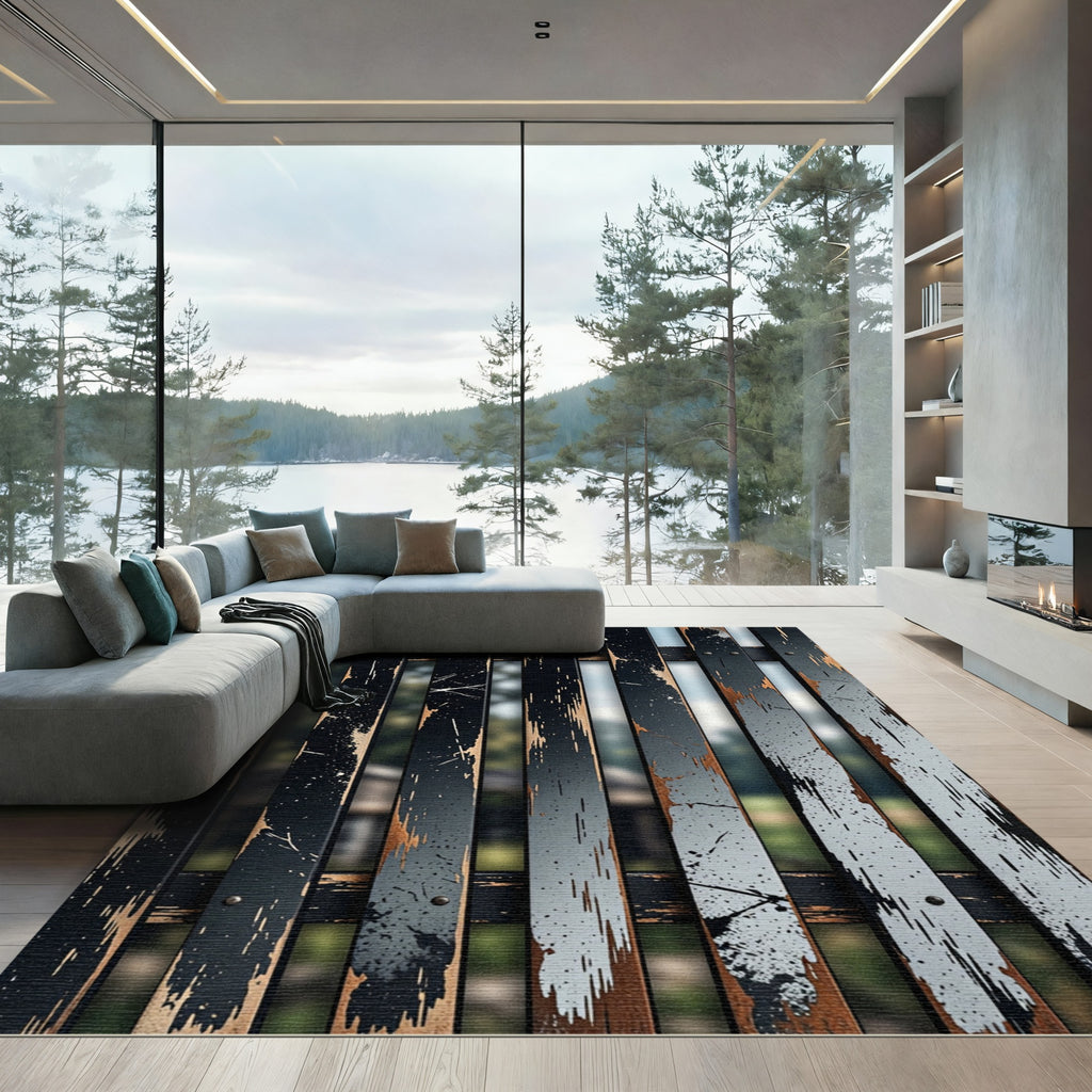 Distressed Black Wood Grain Vertical Rug