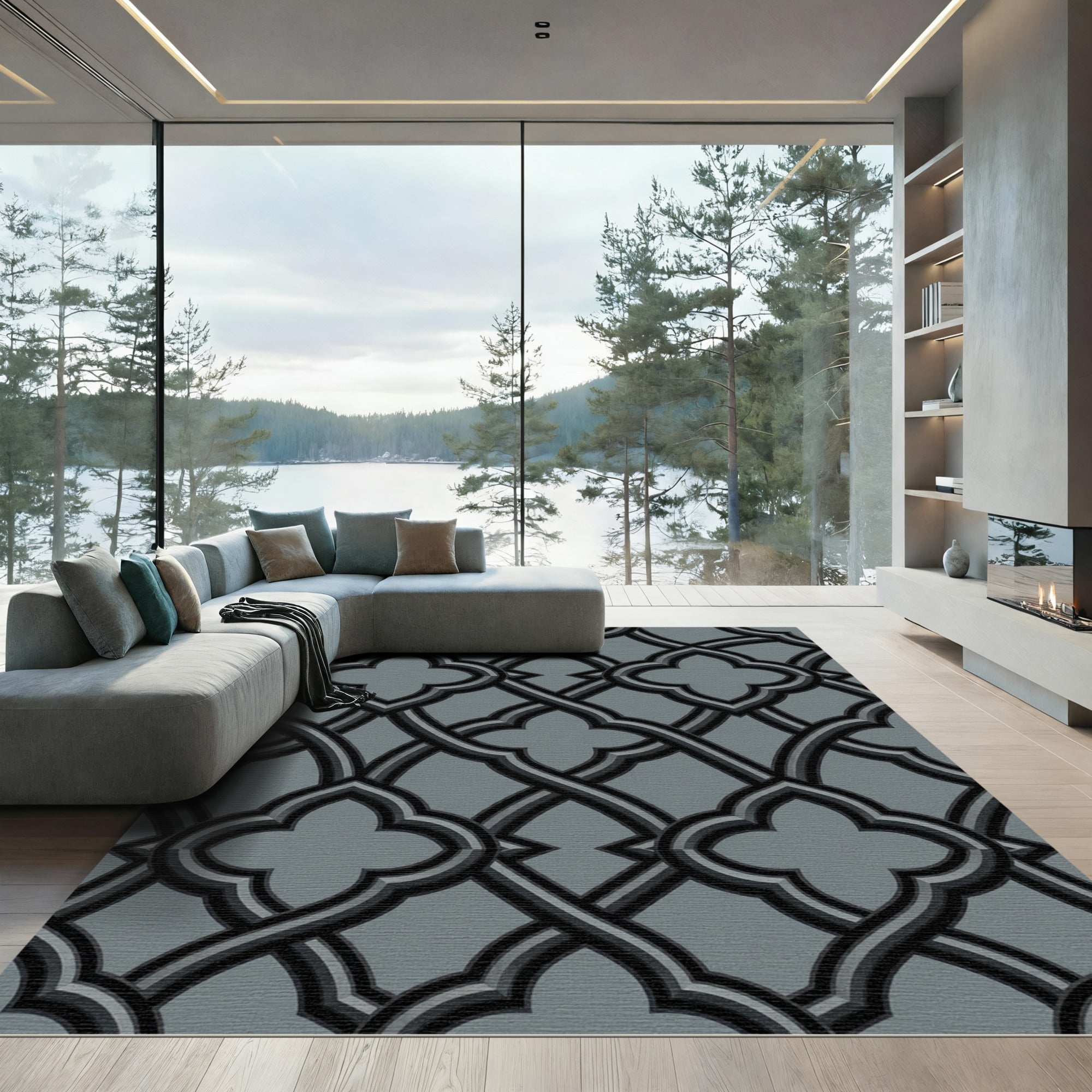 Modern Charcoal Interlocking Quatrefoil Geometric Rug