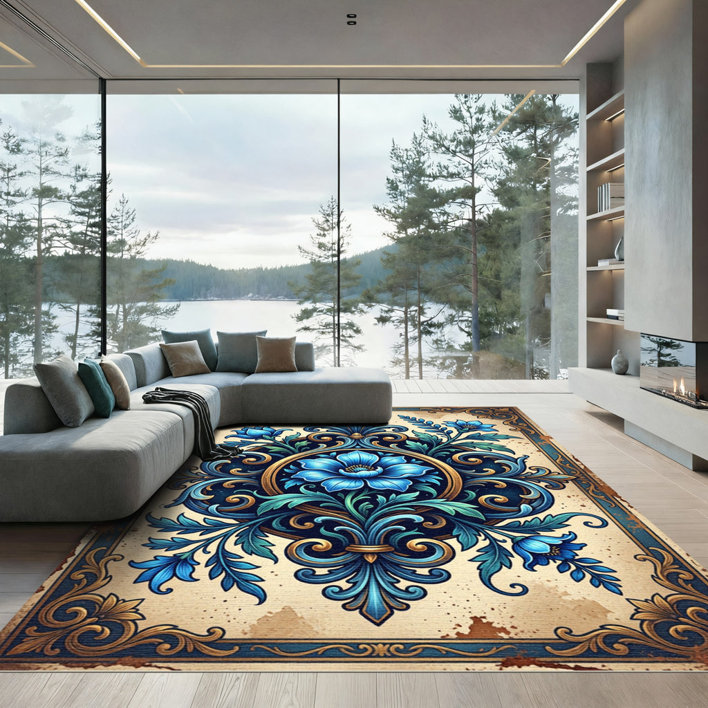 Ornate Blue Floral Damask Medallion Rug