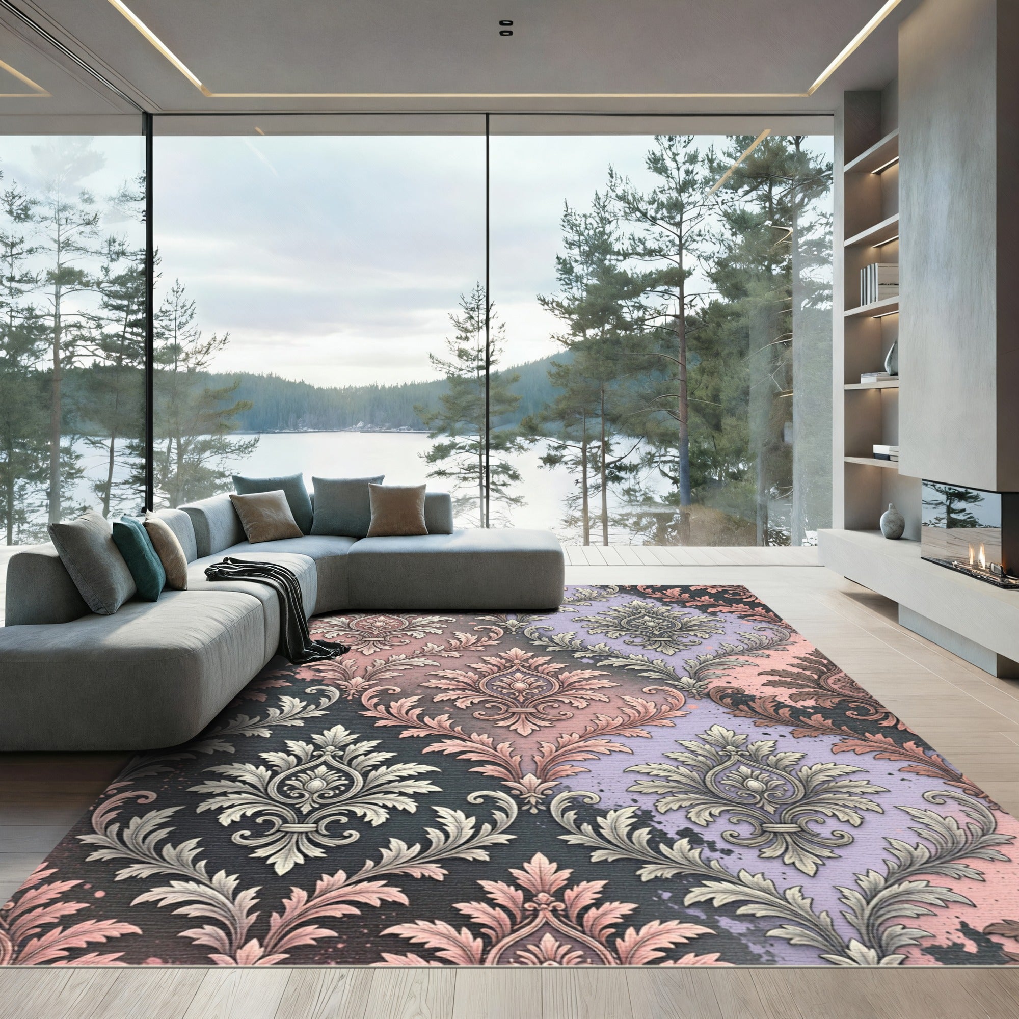 Dusty Rose and Lilac Damask Scroll Rug