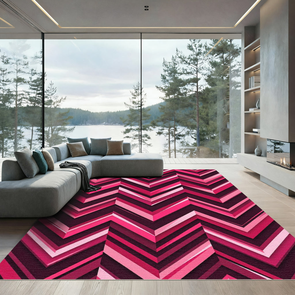 Vibrant Pink Chevron Layered Geometric Rug