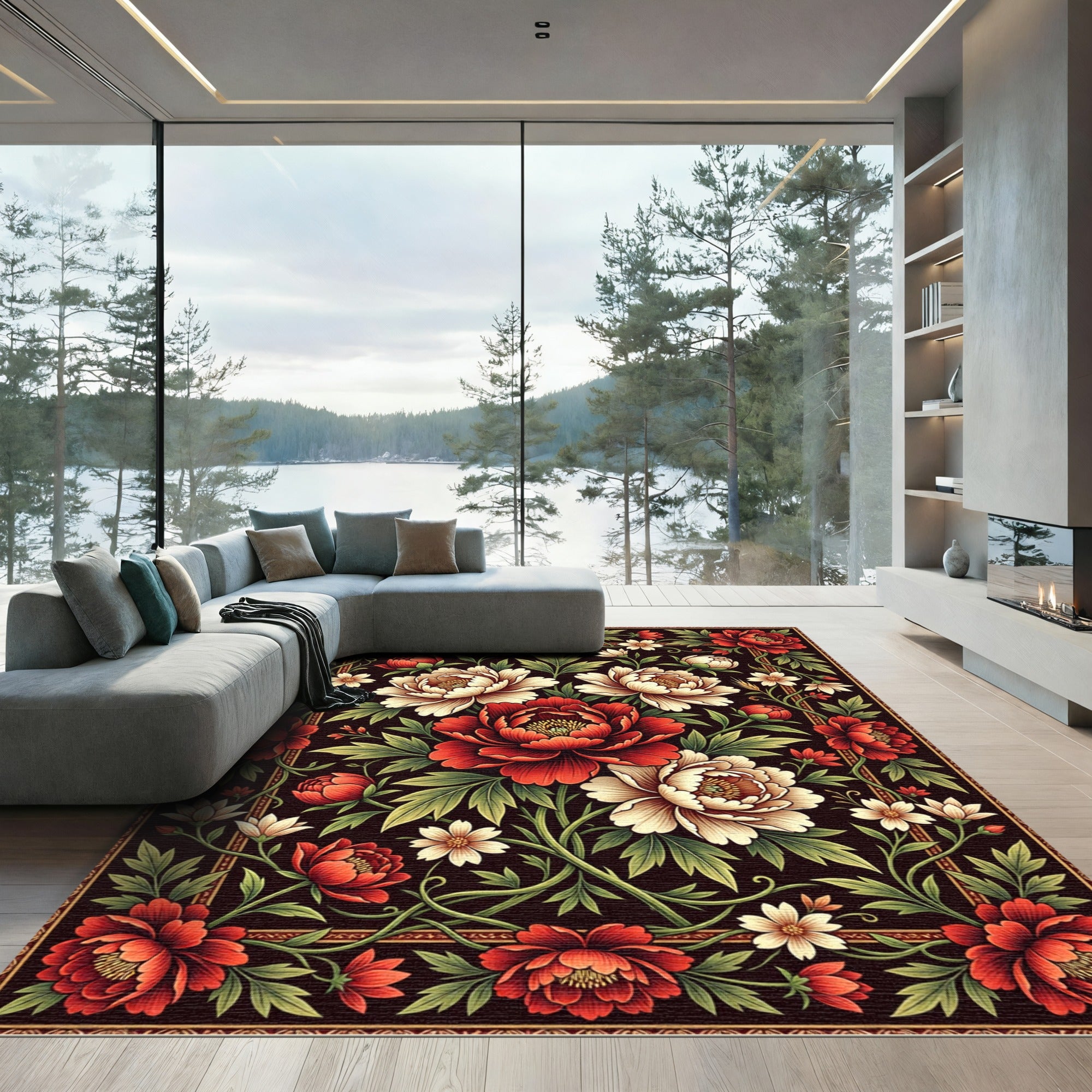 Rich Crimson and Cream Floral Vines Rug