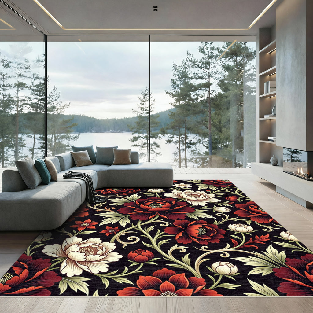 Dark Crimson Peony Botanical Flourish Rug