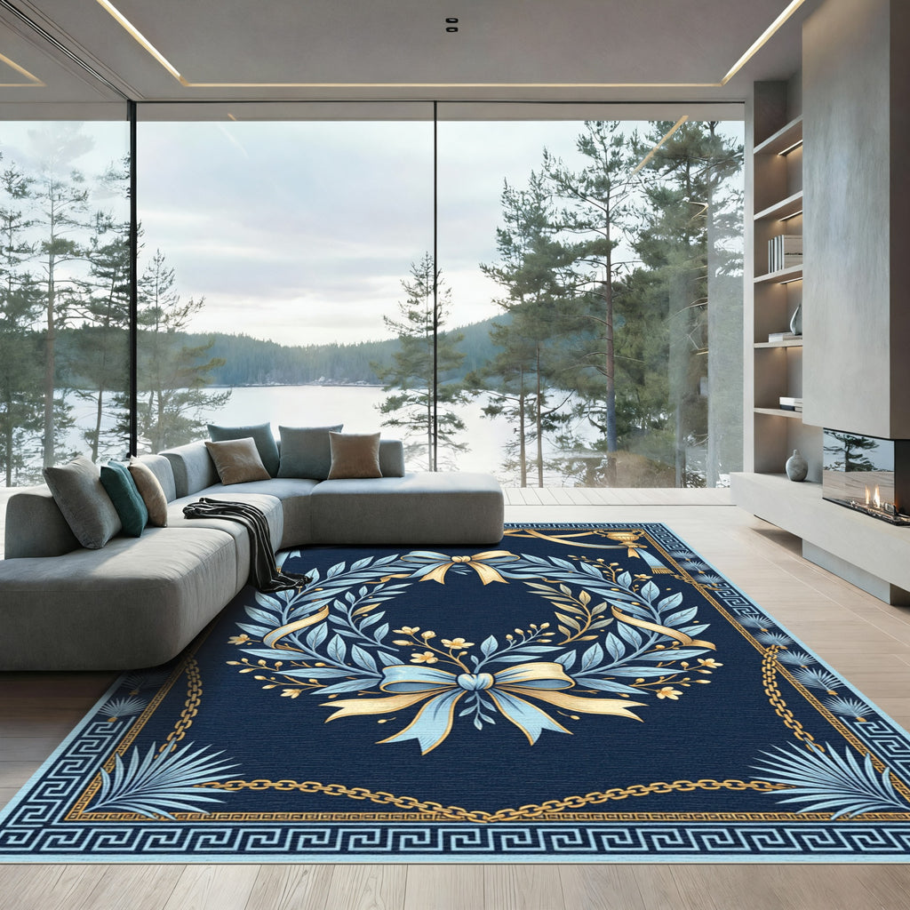 Blue Gold Laurel Wreath Bow Chain Rug