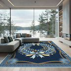 Blue Gold Laurel Wreath Bow Chain Rug