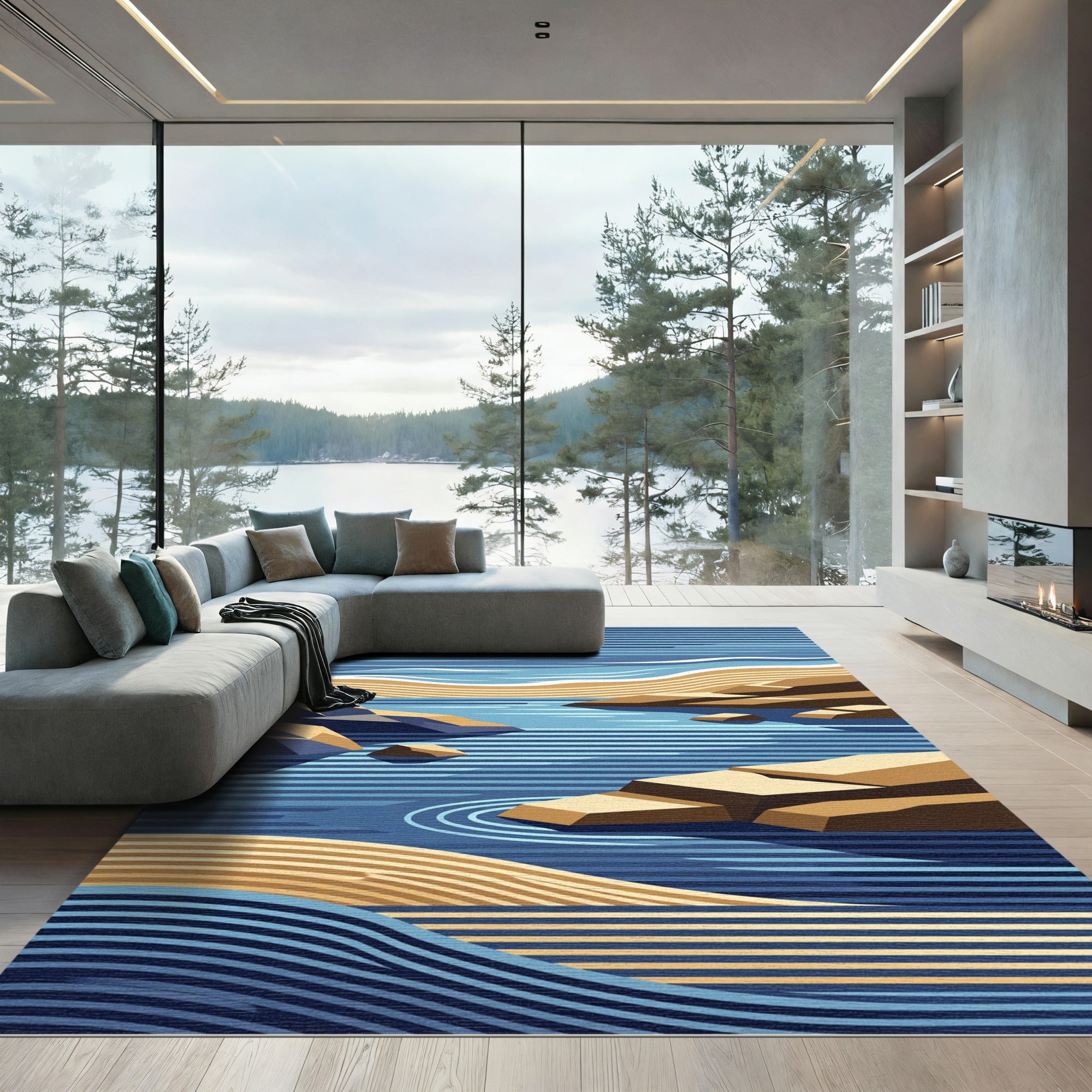 Abstract Coastal Blue and Ochre Wave Rug