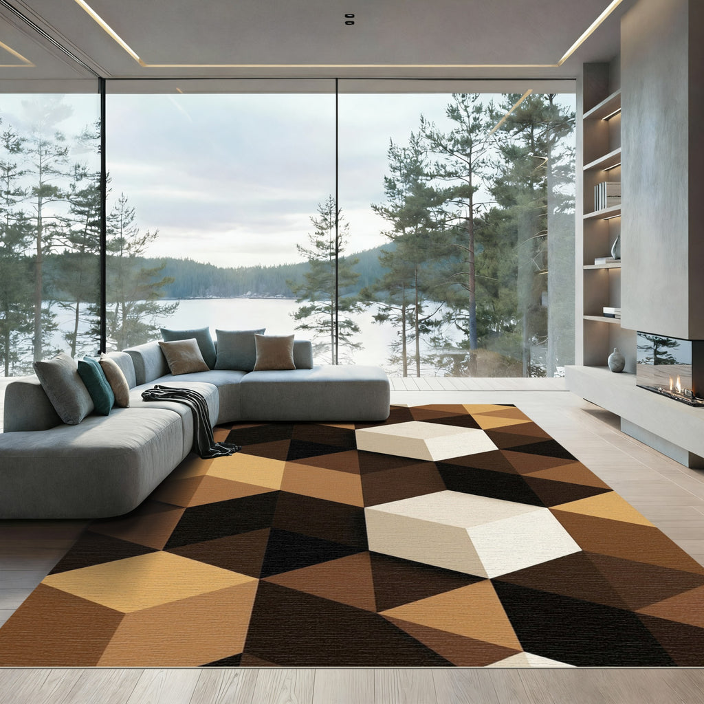 Abstract Geometric Cube Brown Earthy Rug