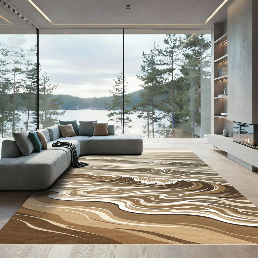 Sandy Brown Abstract Ocean Waves Rug