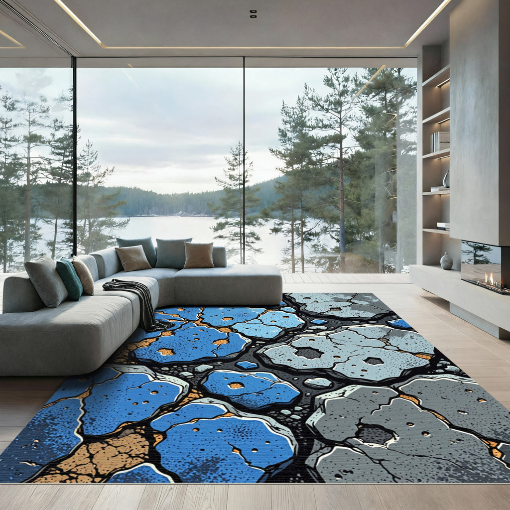 Cracked Earth Blue Stone Abstract Rug