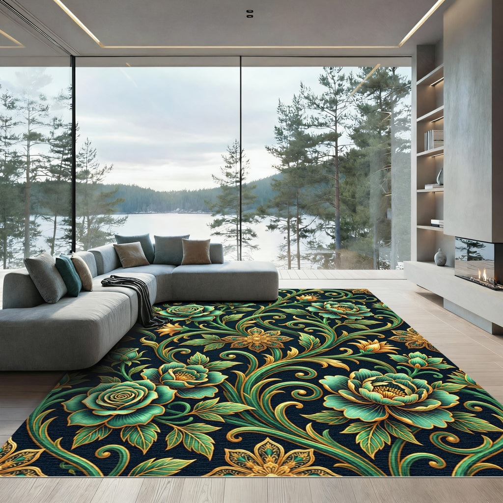 Deep Teal Emerald Floral Scroll Rug